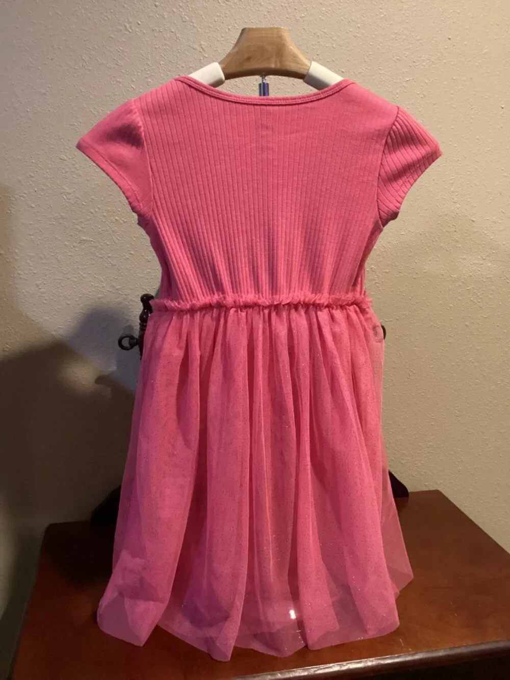 Girls Pink Ribbed Sparkle Tulle Short Sleeve Party Dress